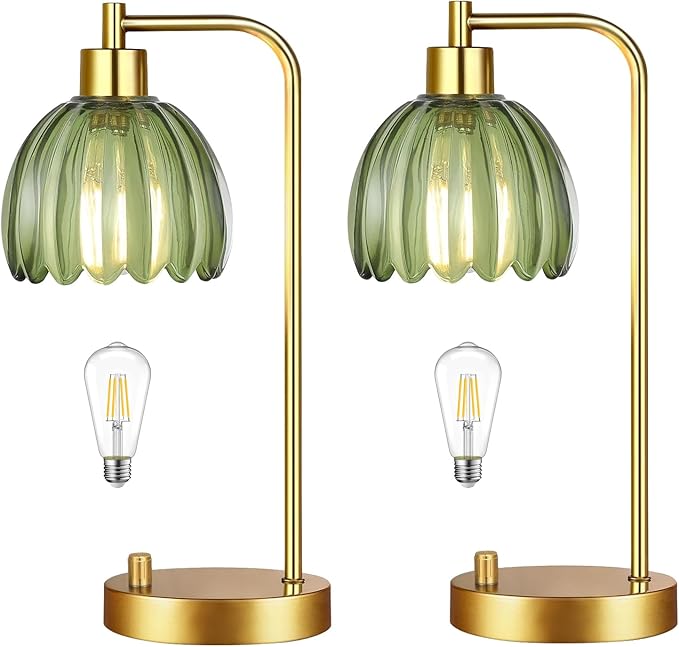 Green Table Lamp Set of 2,Small Glass Bedside Lamps Dimmable Boho Bedroom Lamp with Tulip Flower Lamp Shade,Gold Vintage Mid Century Modern Mini Nightstand Lamp for Bedroom Living Room