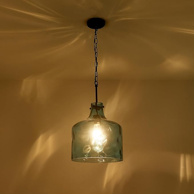 16" Extra Large Farmhouse Pendant Light – Hand-Blown Blue Hammered Glass Shade, Black Finish, Adjustable Chain Hanging Light Fixture for Kitchen Island, Dining Room, Hallway