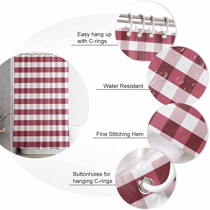 Christmas Shower Curtain,Rustic Burgundy White Buffalo Check Plaid Pattern Shower Curtains Set with Hooks, Farmhouse Waterproof Fabric Bathroom Curtains Decor Home Accessories, Stall Long 54 X 78 Inch