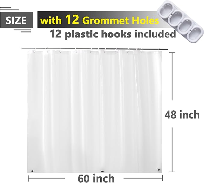 Waterproof Shower Curtain for Window Inside Shower, 60x48 Inches Length Plastic Bathroom Window Curtain Heavy Duty Vinyl with Hooks, Silky Frost, 60x48
