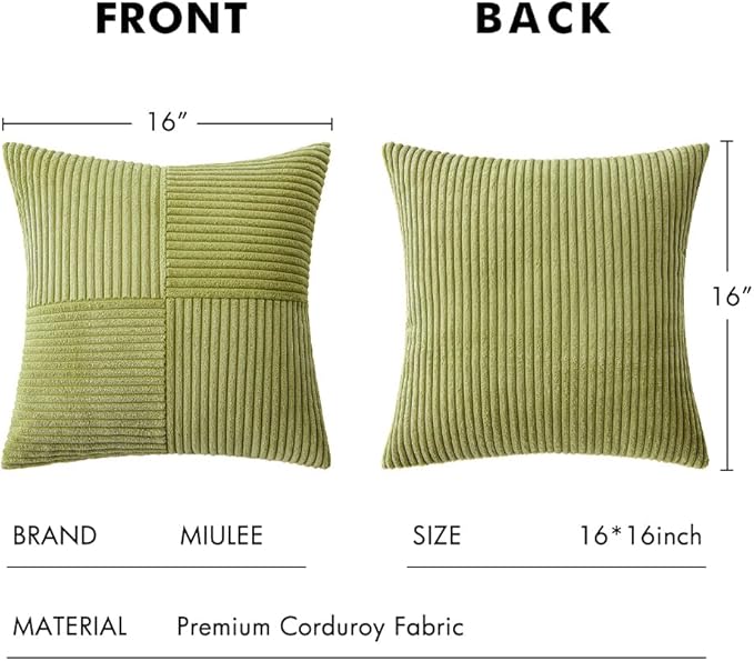 MIULEE Green Corduroy Pillow Covers Pack of 2 Boho Decorative Spliced Throw Pillow Covers Soft Solid Couch Pillowcases Cross Patchwork Textured Cushion Covers for Living Room Bed Sofa 16x16 inch