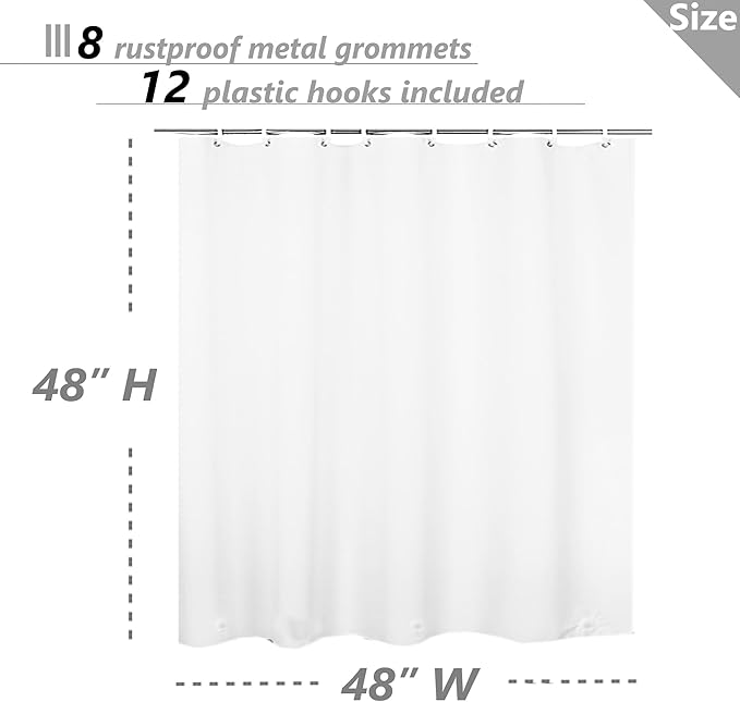 Waterproof Shower Curtain for Window Inside Shower, 48 x 48 Inches Short Plastic Bathroom Window Curtain Heavy Duty Vinyl with Hooks, White, 48x48