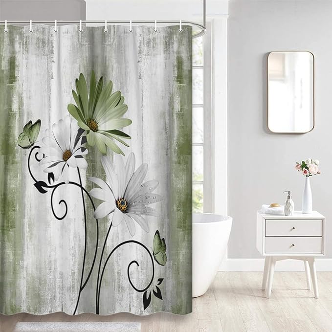 Rustic Farmhouse Shower Curtain, Farm Sage Green Daisy Floral Flowers and Butterfly on Country Wooden Forest Green Shower Curtain for Bathroom, 47X64IN