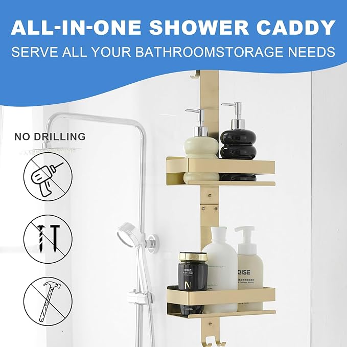 Gold Shower Caddy Over Shower Door - 2 Tier Hanging Shower Caddy Organizer No Drilling, Shower Storage Shelf for Indoor Shower, Bathroom, Bedroom, Kitchen
