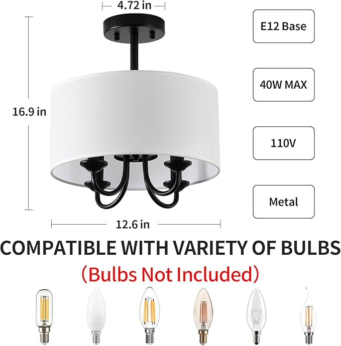 Semi Flush Mount Ceiling Light Fixture Black 4-Light Modern Chandelier Ceiling Light Fixtures Mount with White Drum Fabric Shade 12.6 inch Close to Ceiling Lighting for Foyer,Kitchen, Entryway