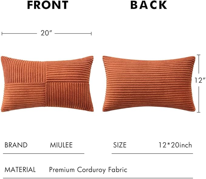 MIULEE Fall Rust Corduroy Pillow Covers Pack of 2 Boho Decorative Spliced Throw Pillows Soft Cross Patchwork Textured Pillowcases Home Decor for Livingroom Couch Bed Sofa 12x20 inch