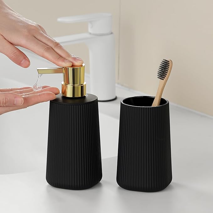 Black and Gold Striped Bathroom Accessories 2 Piece Set Soap Dispenser and Toothbrush Holder