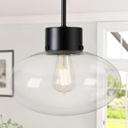 Large Glass Pendant Lights Kitchen Island, 12 Inch 1-Light Black Pendant Light with Clear Globe Glass and Rods, Modern Hanging Lighting for Kitchen Dining Room Entryway, OS-JJ1513-1PLBK