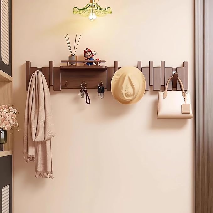 Wall Mounted Piano Key Hanger | Flip Style Hook | Entrance Wall Art Hook, Made of Oak Wood (3 Times Painted, 4 Times Polished) (Fence Walnut, 10Hooks)