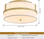 Modern Flushmount Ceiling Light, Chic Style Close to Ceiling Light Fixture for Living Room, Bedroom, Dining Room, Kitchen, D12 x 5.9 in, Drum Shape, White Fabric Lampshade & Gold Finish Frame