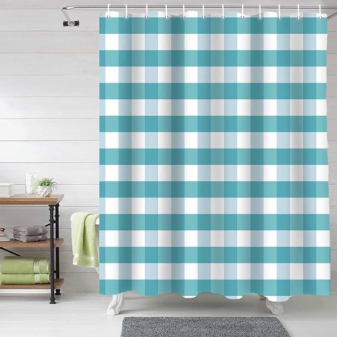Vandarllin Rustic Teal White Buffalo Check Plaid Pattern Shower Curtain, Farmhouse Shower Curtains Set with Hooks, Waterproof Fabric Bathroom Curtains Decor Home Accessories,66 X 72 Inch Long