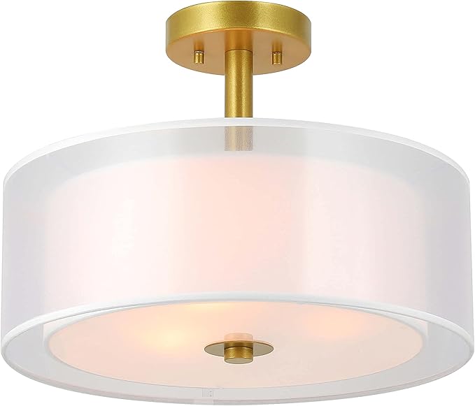 XiNBEi Lighting Drum Semi Flush Mount Ceiling Light, 3 Light Semi Flush Light, 16" Close to Ceiling Light with Fabric Shade Gold Brass Finish for Living Room & Bedroom XB-SF1194-GB