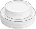 Aya's 100 Silver Rimmed Disposable Dinner and Dessert Plates Set - 50 Large and 50 Small Heavy Duty Plastic Plates - Elegant Design for Weddings, Parties, Events - Durable and Stylish
