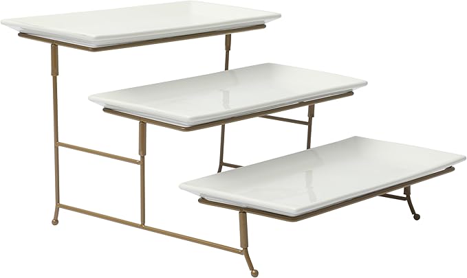 Gibson Home Gracious Dining Dinnerware, 3-Tier Rectangle Plate Serving Set with Gold Metal Stand, White