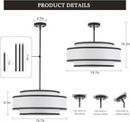 19.7" Black Drum Chandelier with White Linen Lampshade 4-Light Modern Farmhouse Chandelier Light Fixture for Dining Room, Kitchen Island, Foyer Entryway Bedroom