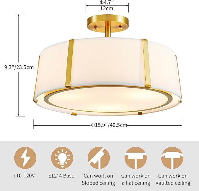 Shrine Lighting Drum Chandeliers, Modern Style, Perfect Ceiling Light Fixture for Living Space, D16'' x H9'', E12*3 Sockets, White Lampshade & Brass Finish