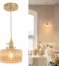 Pendant Light with Amber Striped Glass Lmapshade, Brass Vintage Pendant Light Adjustable Hanging Light for Kitchen Island Dining Room Hallway