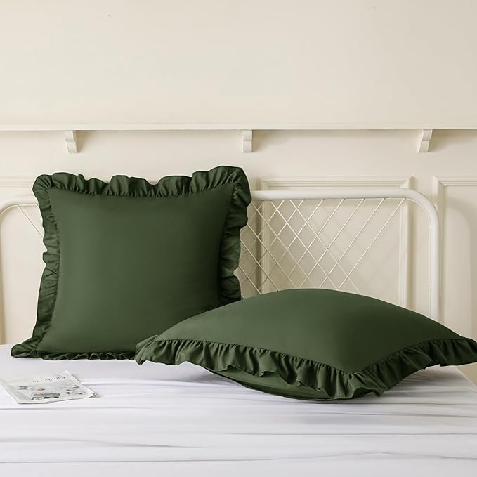 KKJIAF Ruffle Pillow Cases 24x24 Inches, Olive Green Square Ruffled Pillow Covers Set of 2, Microfiber Wrinkle Resistant Pillow Shams with Envelope Closure for Sofa Bed Living Room