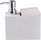 White Travertine Soap Dispenser with Sponge & Brush Holder – Hand & Dish Resin Soap Pump Bottle for Kitchen & Bathroom, 2-in-1 Countertop Organizer, with 2 Natural Sponges (Luxury Home Decor)