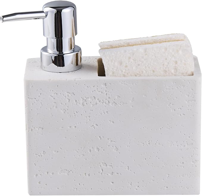 White Travertine Soap Dispenser with Sponge & Brush Holder – Hand & Dish Resin Soap Pump Bottle for Kitchen & Bathroom, 2-in-1 Countertop Organizer, with 2 Natural Sponges (Luxury Home Decor)