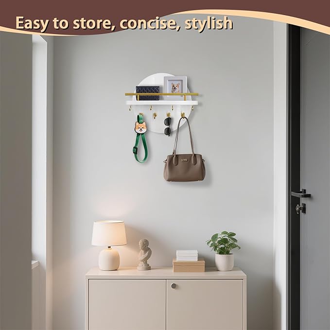 Key Holder Wall Mount with Shelf and Hooks, 11.8 Inch Entryway Gold Key Rack Hanger, Rustic Key Holder for Wall Decor