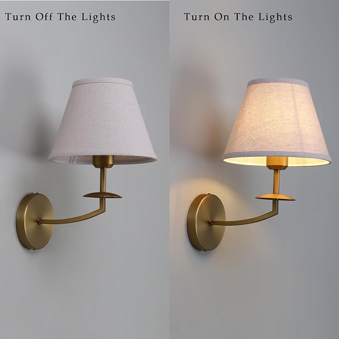 Phansthy Hardwired Wall Sconce Light, Linen Fabric Shade Indoor Wall Lamps, Wall Decor Lightings for Living Room, Bedroom, Hallway, Vanity Mirror (Antique Gold)