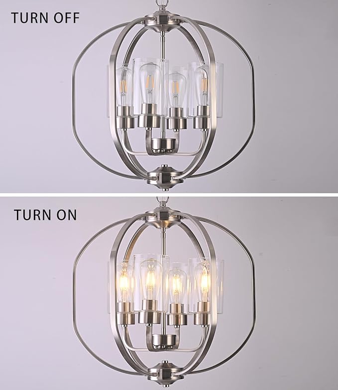 BOZO 20'' Globe Chandelier Brushed Nickel Chandeliers, 4-Light Modern Orb Chandelier,Ceiling Hanging Light Fixture with Glass Shade, Pendant Light for Dining Room Entryway Living Room