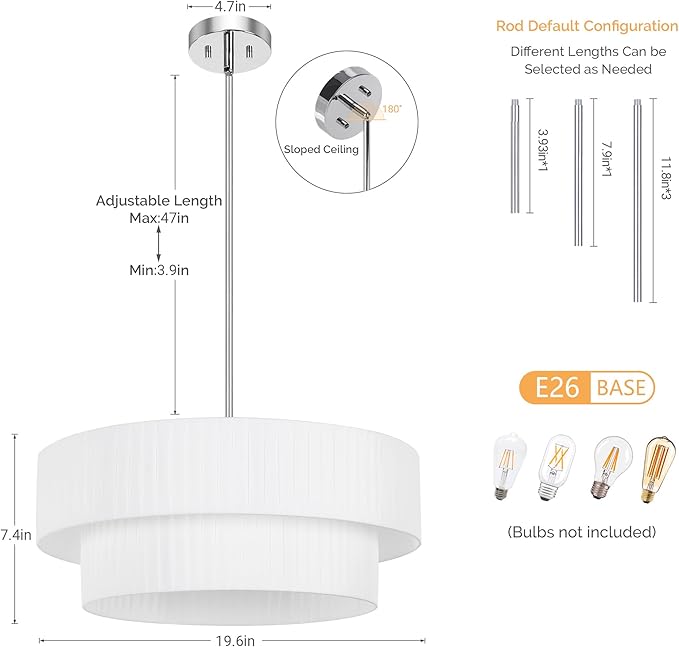 LamQee 3-Light Modern Drum Chandelier, 2-Tier Semi-Flush Mount Pendant Light Fixtures with Fabric Lampshades, 20” Hang Ceiling Lamp for Bedroom Dining Room Hotel