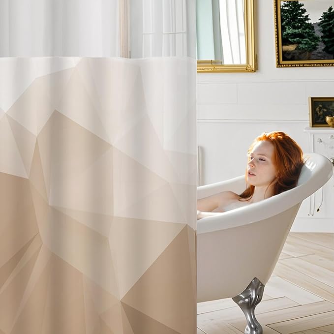 No Hook Shower Curtain with Snap in Liner and Sheer Window, Brown Modern Geometric Fabric Shower Curtain Set for Bathroom Decor, 15-Second Quick Install, Abstract Irregular Ombre, 71"X86"
