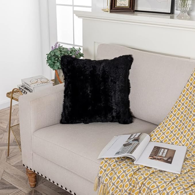 Rabbit Skin Fur Luxury Pillowcases Cushion Cover Soft Throw Cases for Living Rooms Home Living Room Decorative Rabbit Hide Cushion Cover Throw Pillow Covers Case (Black) 16in×16in