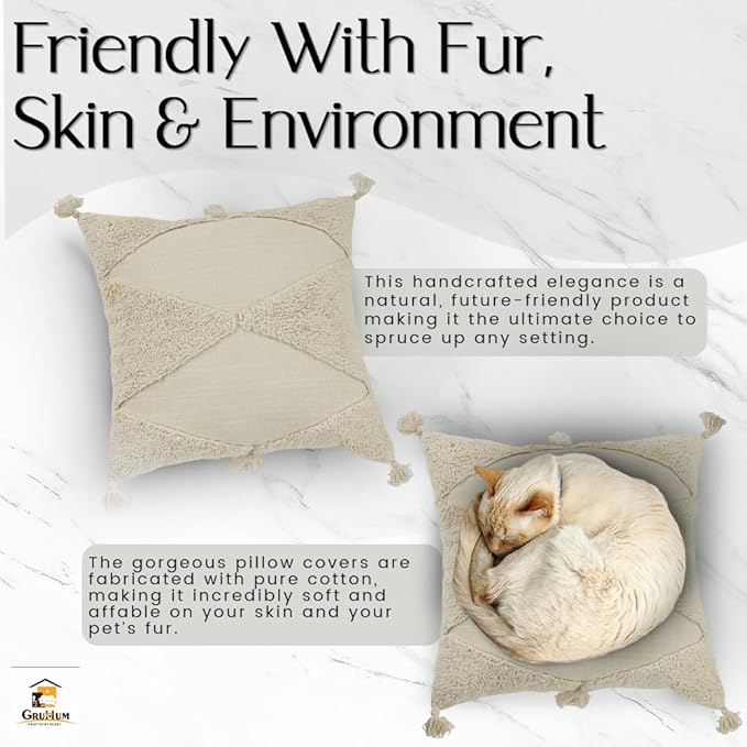 GRUHUM Throw Pillow Covers 18x18-Set of 2 Boho Decorative Handwoven Fancy Tufted Cushion Case for Living Room Bedroom Sofa Couch Farmhouse Car Home Decor Cotton Comfy Square Modern 18x18 inch,Cream