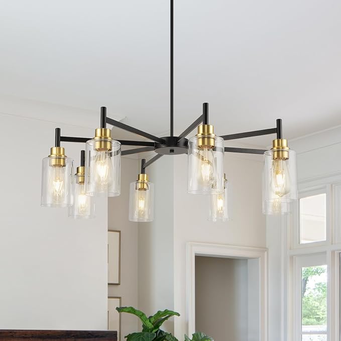 Black Chandeliers for Dining Room, Farmhouse Chandeliers 8 Light Dining Room Light Fixture with Clear Glass Shades Gold Pendant Lighting for Kitchen Island Living Room Entryway Staircase