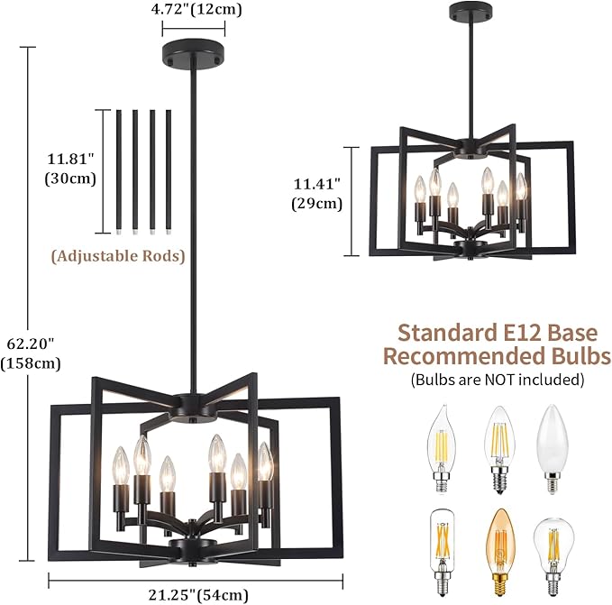 Modern Farmhouse Chandeliers Dining Room Light Fixtures, 6-Light Kitchen Island Lighting,Industrial Metal Black Geometric Chandelier for Stairway Foyer Living Room, UL-Listed