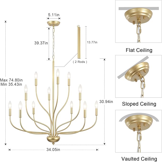 Modern Gold Chandelier for Dining Room,12-Light Gold Chandeliers,34 Inch Large Industrial Hanging Light Fixture for High Ceilings for Living Room, Kitchen, Entryway,Foyer