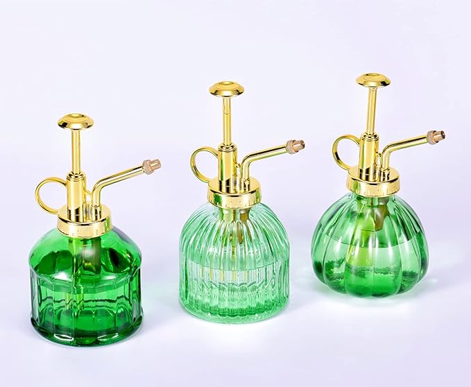 Glass Plant Mister Spray Bottle, 6.5" Green Glass Water Spray Bottle with Gold Top Pump Small Watering Can, Small Plant Sprayer Mister for Indoor Outdoor House (Green+Gold A)