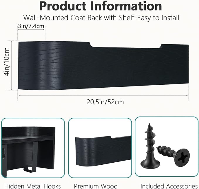 Coat Rack Wall Mount with Hidden Hooks Entryway Hanging Shelf Modern Wood Coat Hanger for Bedroom Kitchen Hallway Bathroom (Black,20.9 Inch Long)