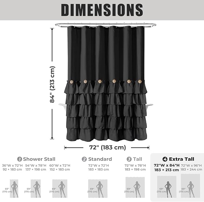 Seasonwood Extra Long Black Ruffle Shower Curtain 84 inch Shower Curtain Black Fabric Shower Curtains Nature Button Shabby Chic Ruffles and French Country Style 72 x 84 Shower Curtains