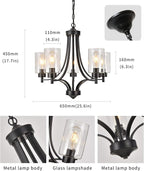 Contemporary Black Chandelier 5 Lights Farmhouse Dining Room Lighting Fixtures Hanging Bedroom Chandeliers with Clear Glass Shade Ceiling Pendant Light Black Foyer Light