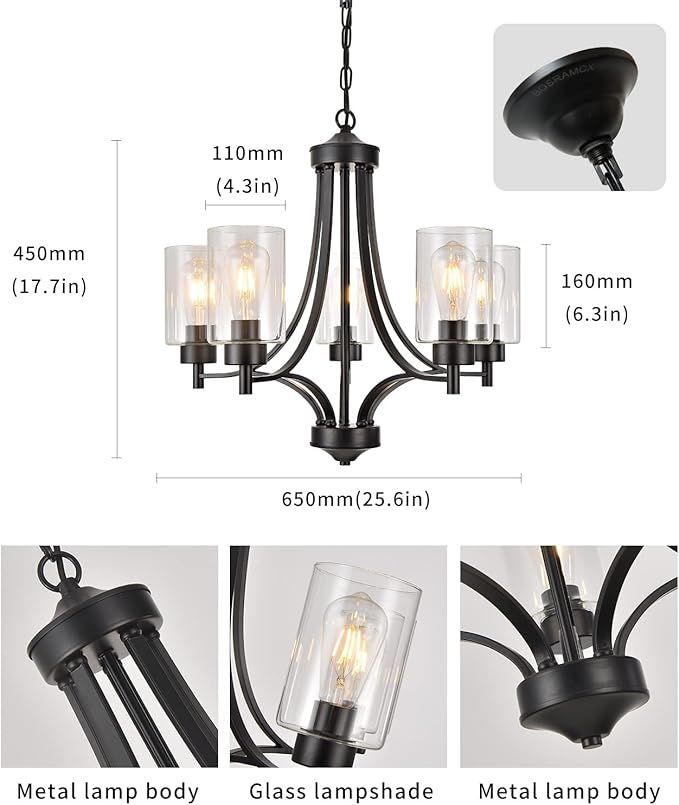 Contemporary Black Chandelier 5 Lights Farmhouse Dining Room Lighting Fixtures Hanging Bedroom Chandeliers with Clear Glass Shade Ceiling Pendant Light Black Foyer Light