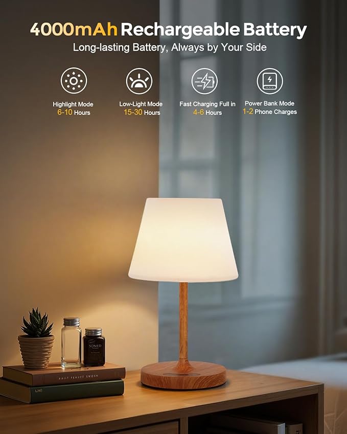 Outdoor Battery Operated Table Lamp, IP54 Waterproof Shower Lamp, 4000mAh Rechargeable Cordless Lamp, 3 Color Temperatures Dimmable, Small Touch Table Lamp for Bedroom, Patio, Camping, Restaurant