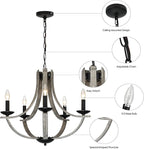 Rustic Chandeliers for Dining Room Light Fixture, 5-Light 24 inch Faux Wood Texture Hanging Lighting Fixtures,Farmhouse Candle Chandeliers for Living Room Kitchen Island Foyer Entryway