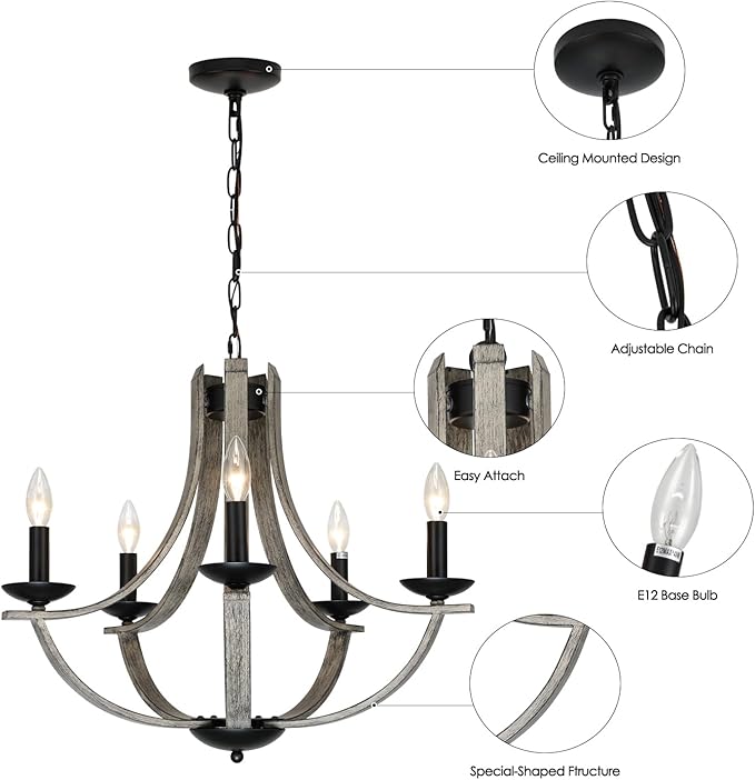 Rustic Chandeliers for Dining Room Light Fixture, 5-Light 24 inch Faux Wood Texture Hanging Lighting Fixtures,Farmhouse Candle Chandeliers for Living Room Kitchen Island Foyer Entryway