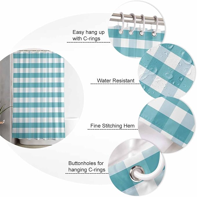 Vandarllin Rustic Teal White Buffalo Check Plaid Pattern Shower Curtain, Farmhouse Shower Curtains Set with Hooks, Waterproof Fabric Bathroom Curtains Decor Home Accessories,72 X 72 Inch Long