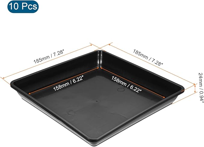 MECCANIXITY Plant Pot Saucer 7 Inch Plastic Square Flower Drip Tray for Indoor Outdoor, Black Pack of 10