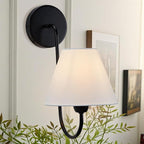 Linen Single Wall Sconce Black, Retro Swoop Wall Lamp with Black Metal Arm, Mid-Century Vintage White Linen Shade Sconce, Gooseneck Light Fixture for Elegant Home Lighting, Bedroom