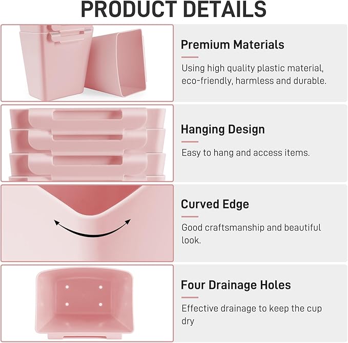 5 Pack Hanging Cup Holders, Multipurpose Rolling Cart Accessories Utility Cart Accessories For Art Craft Supplies, Space Saving Hanging Storage Basket Pencil Holder Makeup Organizers (Pink)