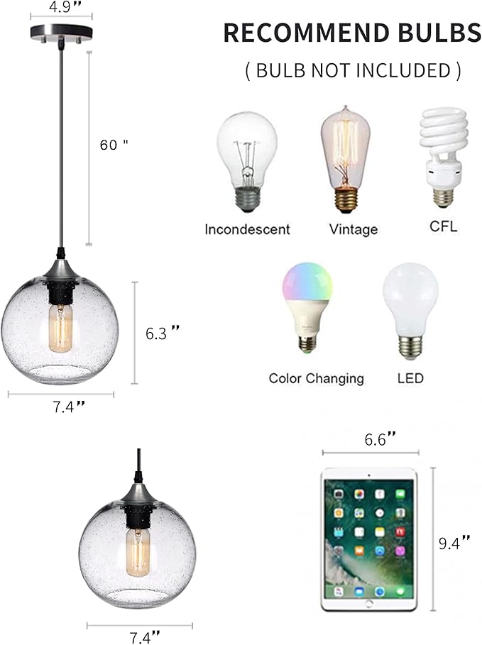 ARIAMOTION Pendant Lights Kitchen Island 3 Pack Hand Blown Glass Modern Farmhouse Lighting Clear Seeded Bubbles Dining Room Table Coffee Bar Counter Brushed Nickel Globe Shape 7.5 Inch Diam