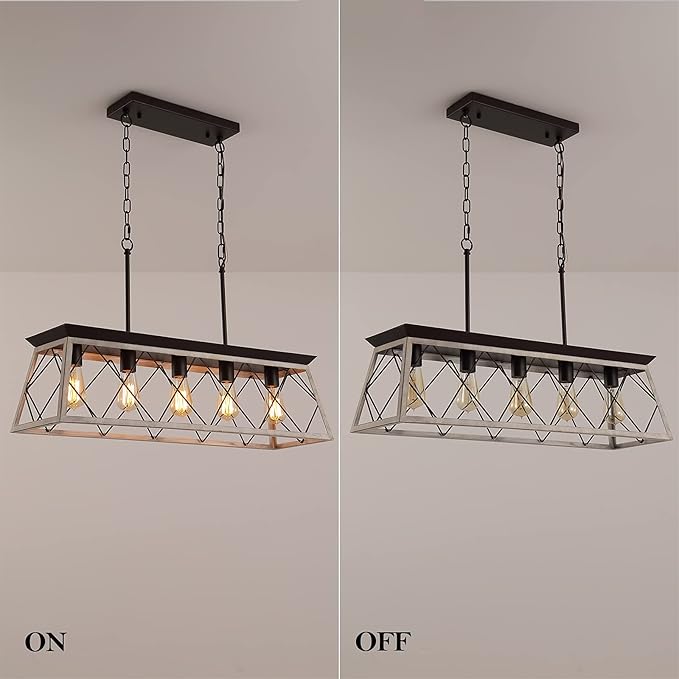 Q&S Dining Room Chandelier Light Fixtures,Farmhouse Rustic Vintage Antique Linear Chandeliers Pendant Ceiling Light Fixture for Kitchen Island Bar Office Coffee Shop 5-Lights Oak and ORB UL Listed