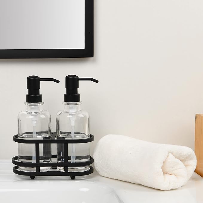 3 Piece Round Heavy Weight Glass Soap Lotion Pump Dispenser Set with Metal Caddy for Home Bath Kitchen Travel Office Hand Crafted Metal Tray Matte Black