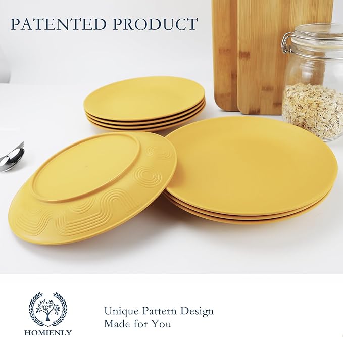 Homienly Flat Dinner Plates Set of 8, Alternative to Plastic, Microwave & Dishwasher Safe, Wheat Straw, Unbreakable Kids Plates (Yellow, 10 inch)